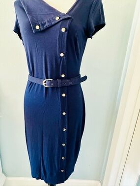 Cache Navy Button-Front Belted Midi Dress
